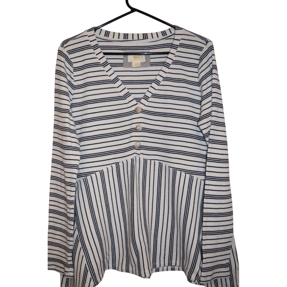 Maeve White and Navy Striped V-Neck Button Front Blouse